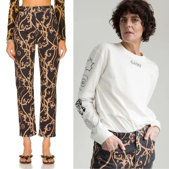GANNI 90s Baroque Logo Print Denim‎ High Rise Cropped Bootcut Flare Leg Jeans 26